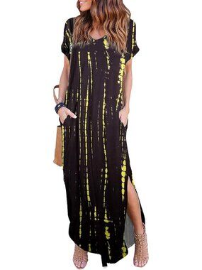 Women Tiedye Black Summer Maxi Long Dress Casual Loose Short Sleeve Split Pocket